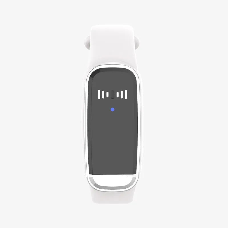 Black and white ultrasonic mosquito repellent bracelet with USB charging cable showing wearable design