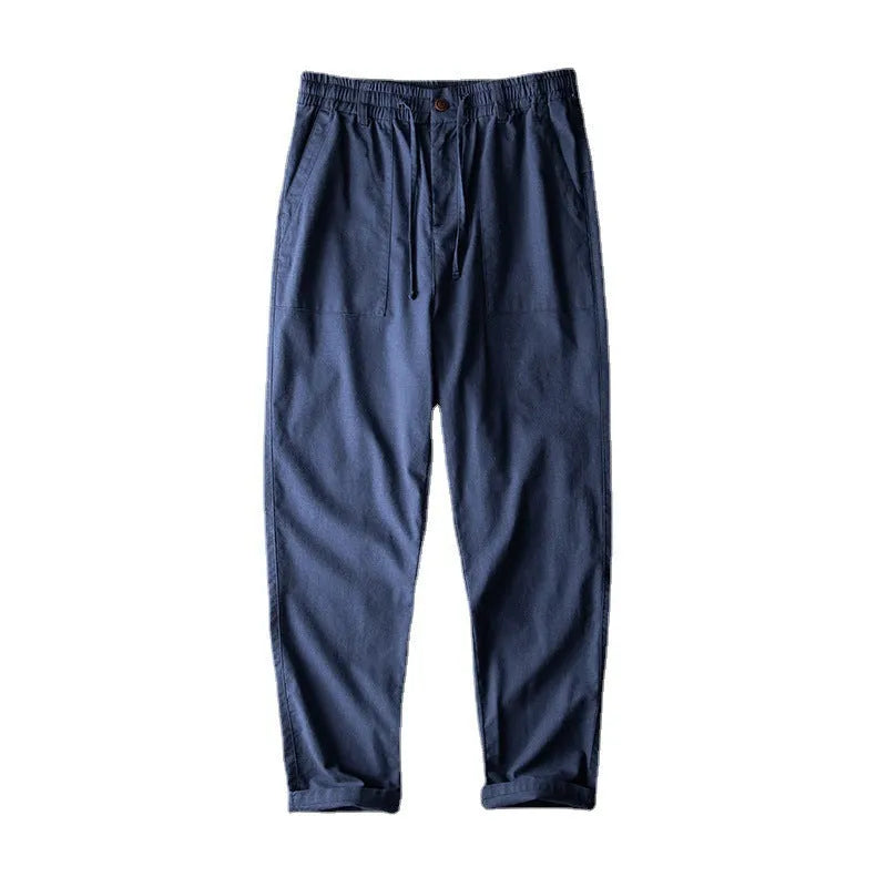 Men's solid colour linen casual trousers in mid-waist fit