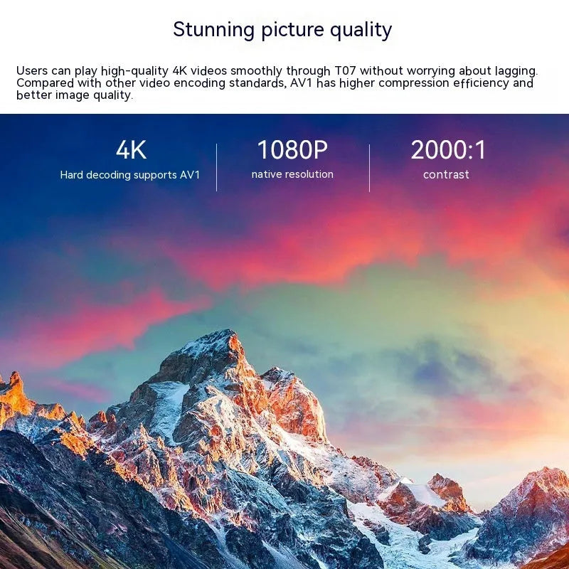 White Full HD smart projector with remote control showing 1080p resolution and Android OS