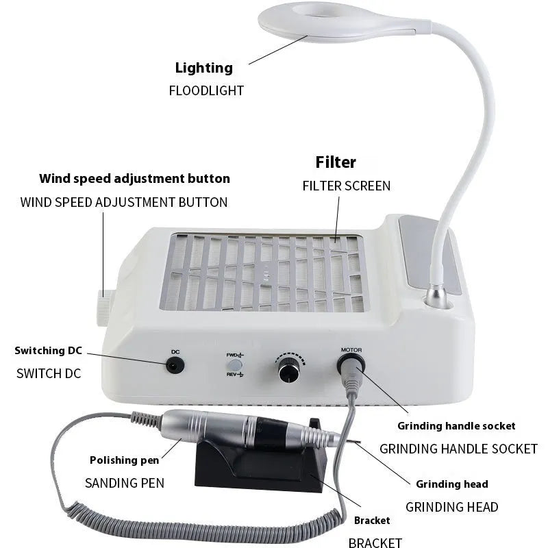 White four-in-one nail grinder polishing machine with vacuum function and international voltage options
