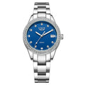 Silver fashion quartz watch with diamond-encrusted round dial and stainless steel case on wrist.