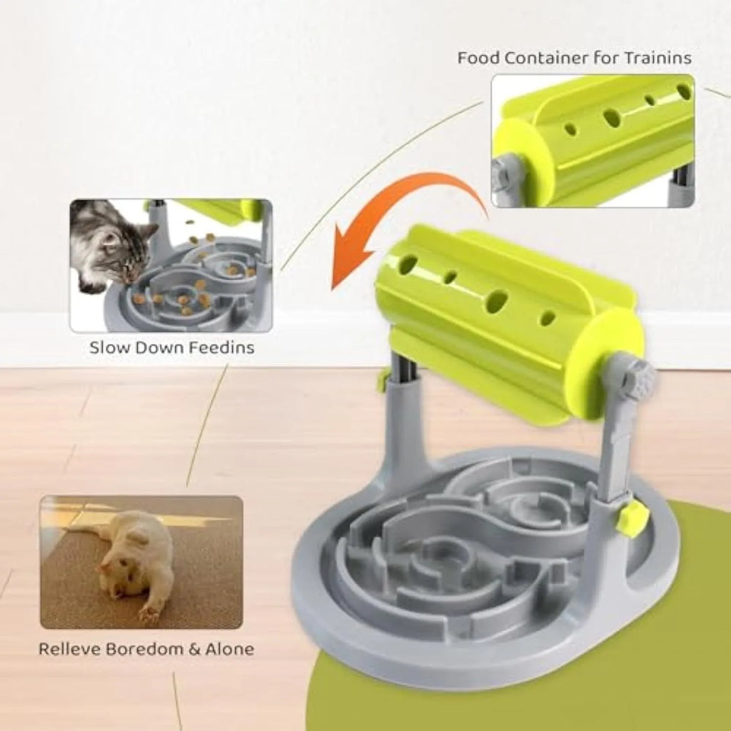 Interactive pet food puzzle bowl with raised patterns and adjustable height in blue, green, or pink colours