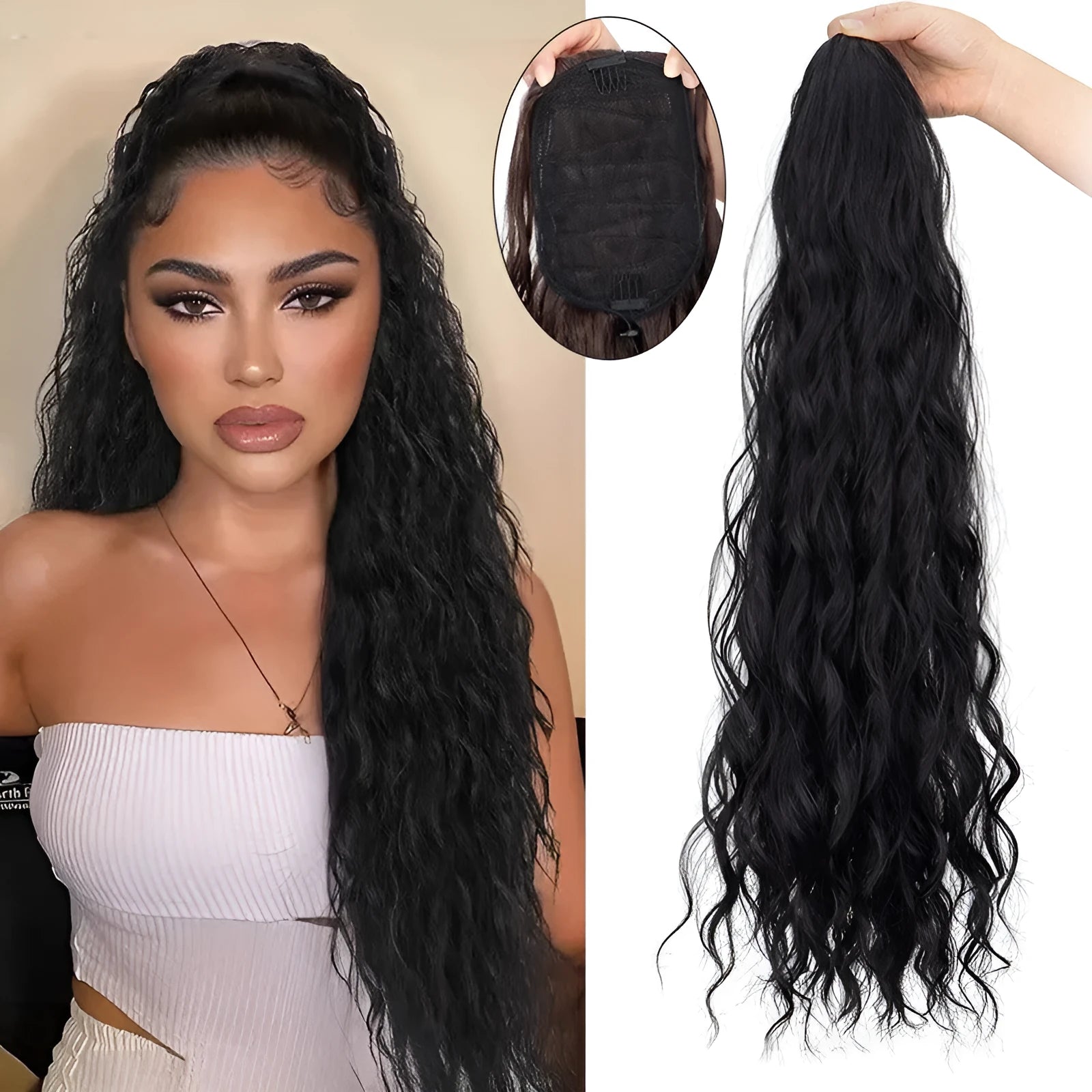 Long synthetic hair extension with water ripple and fluffy corn curler curls in a ponytail, shown in colour 27T613