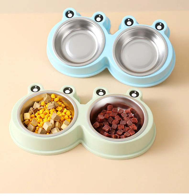 Pet double bowl feeding station with stainless steel frog bowl insert in blue, green, or pink colour options