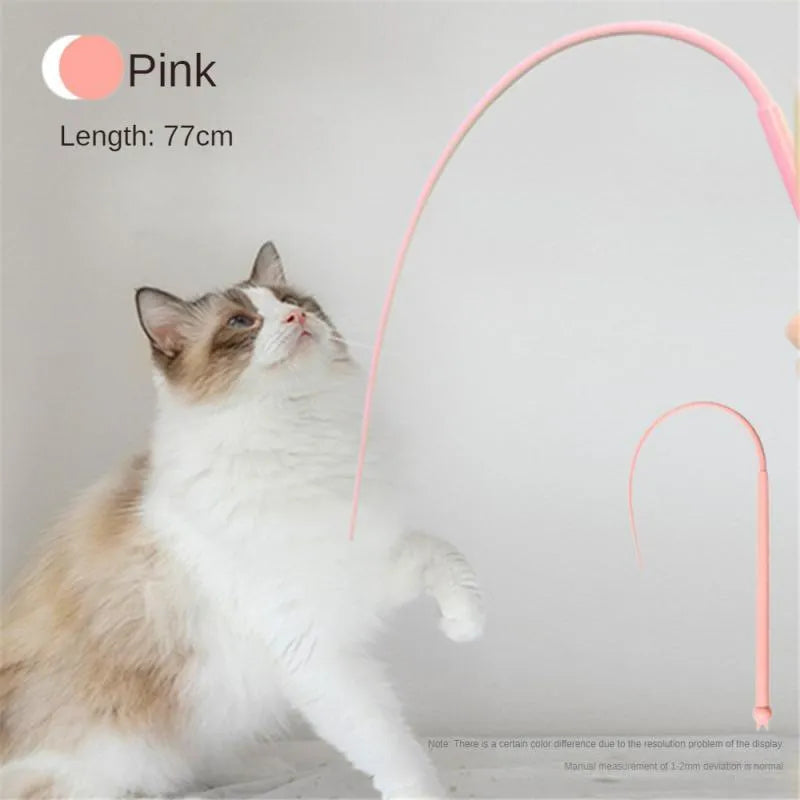 Blue simulated mouse tail cat toy with silicone tail and cat head design on teaser stick