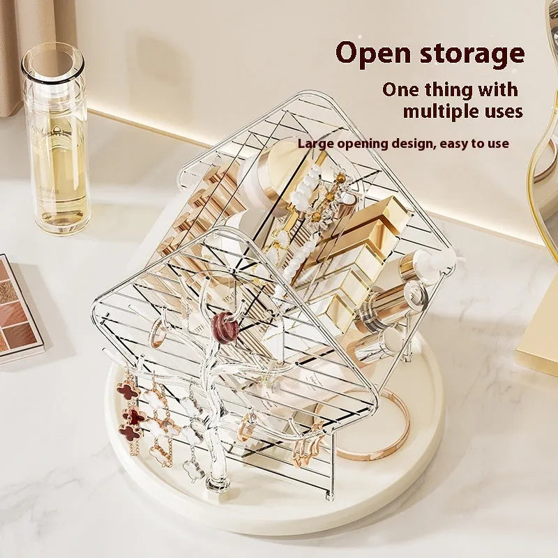 360-degree rotating cosmetics storage box in transparent plastic, clear or amber gold colour options