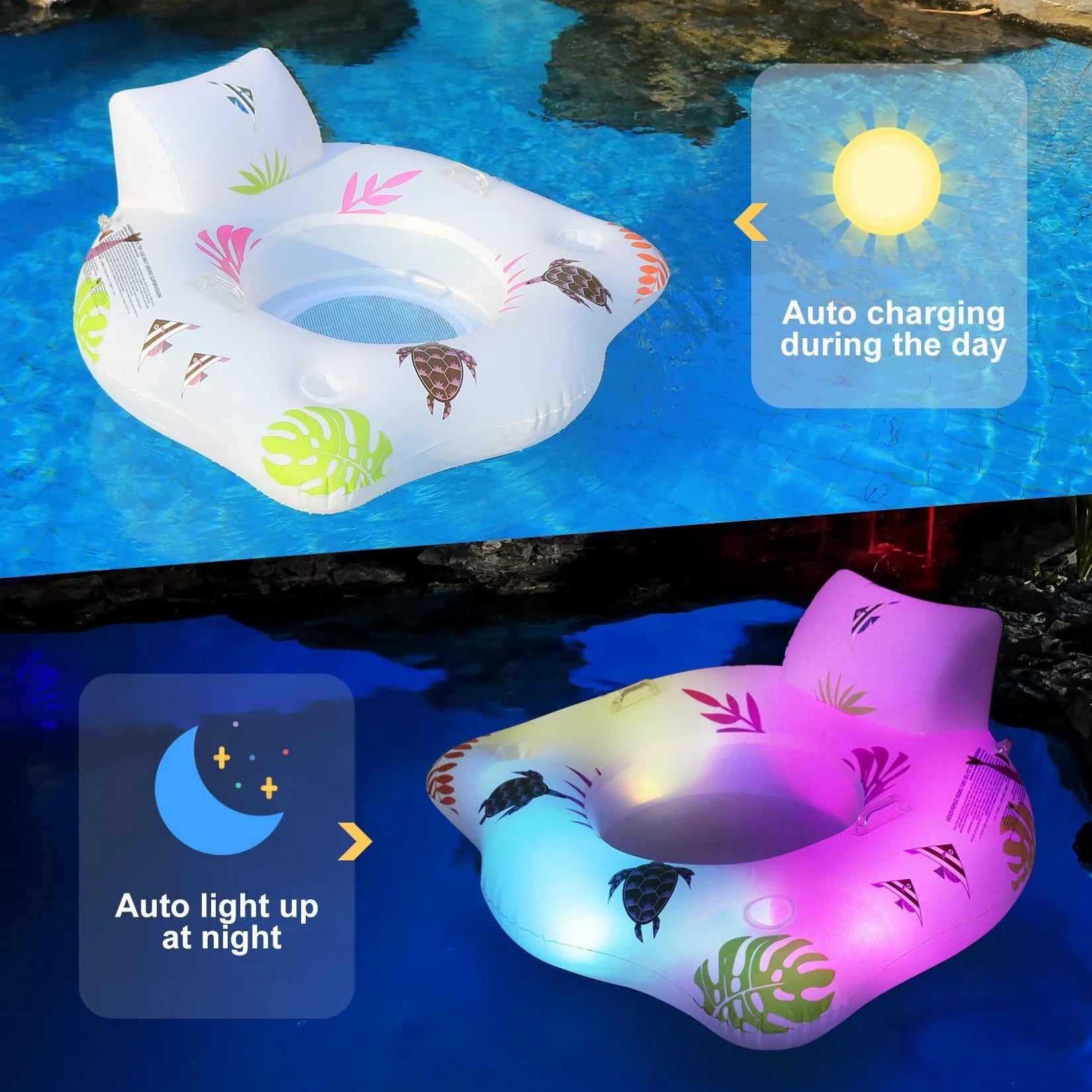 White U-shaped inflatable pool float with LED lights, 120 cm square
