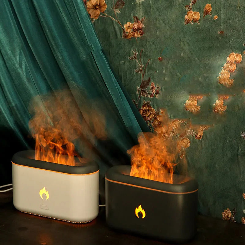 3D flame humidifier 300ml ultrasonic aroma diffuser in black with USB cable on desk