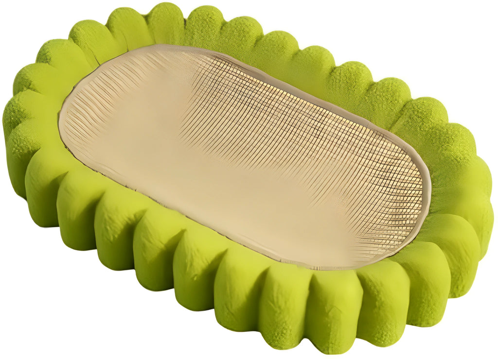 Green oval-shaped cat scratching pad with sisal fabric, serving as a lounge bed for cats.
