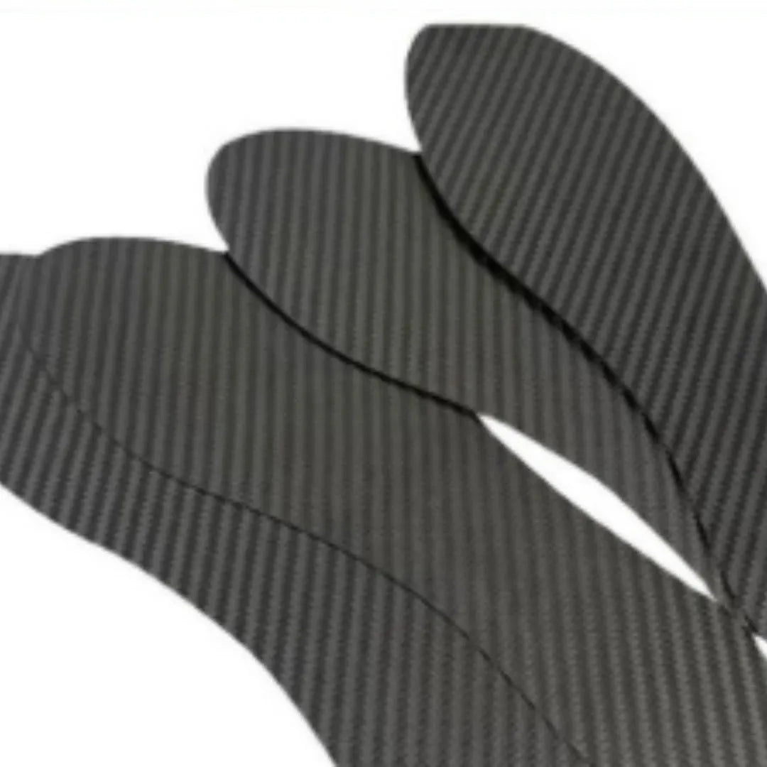 Black 3K full palm carbon fibre running insoles for shock absorption, shown with size and thickness options.