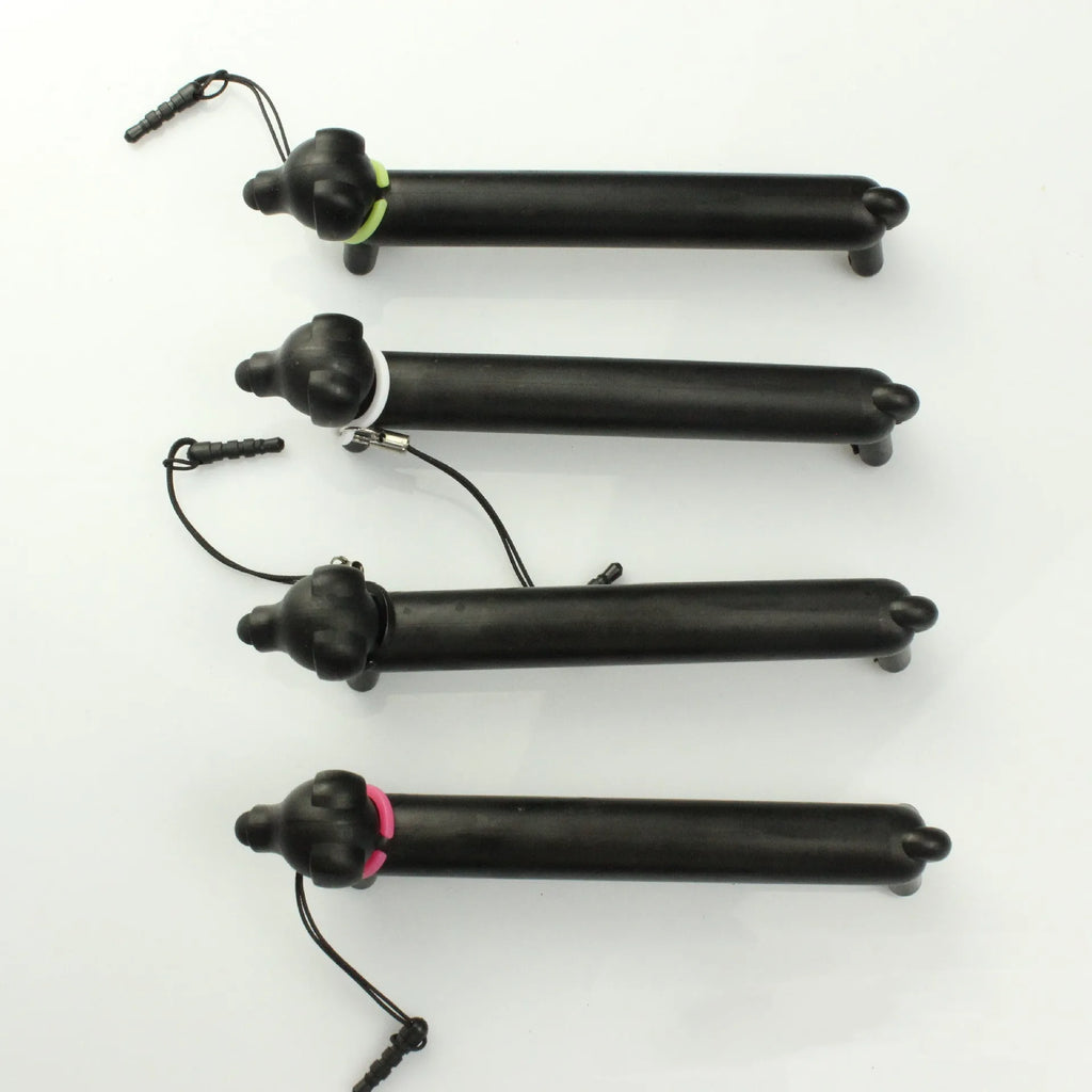 Black dog-shaped touch screen stylus showing length adjustment and phone stand functionality