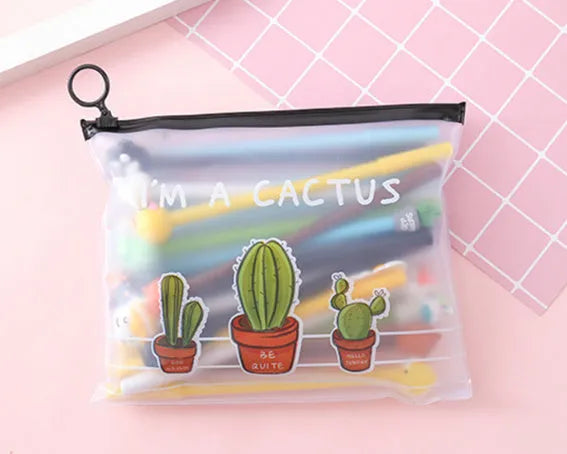 Marvel branded plastic case open to show twenty cartoon cactus design black pens with 0.5mm tips.