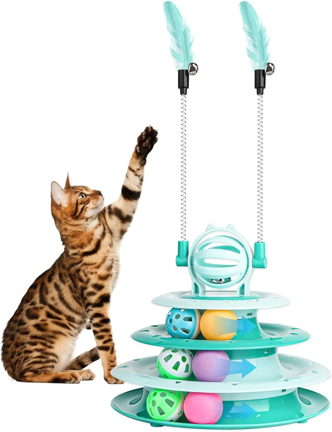 Blue 4-tier interactive cat puzzle toy with balls and teasing rods