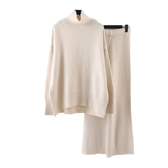 Women's beige acrylic fibre sweater and wide leg pants two-piece casual set