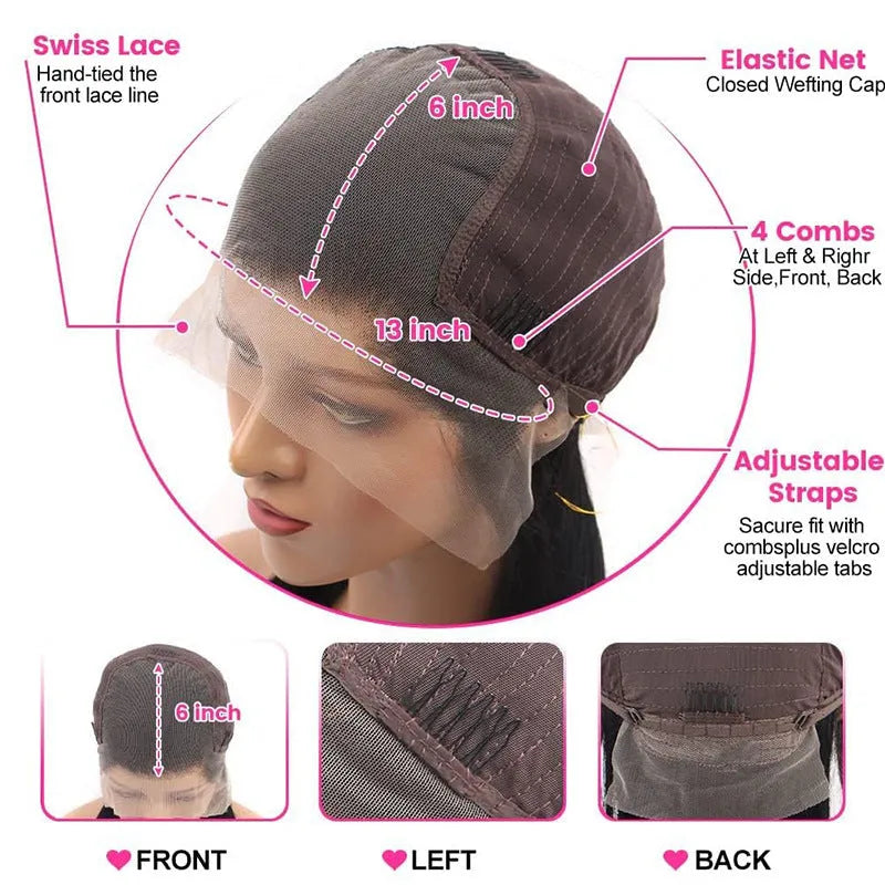 Straight black human hair wig with HD transparent lace front in 13x6 size