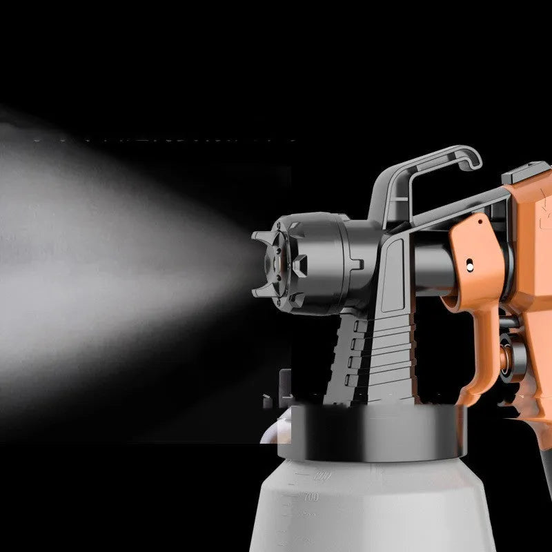 Electric watering can spray gun with plastic body and split aluminium pot on a table