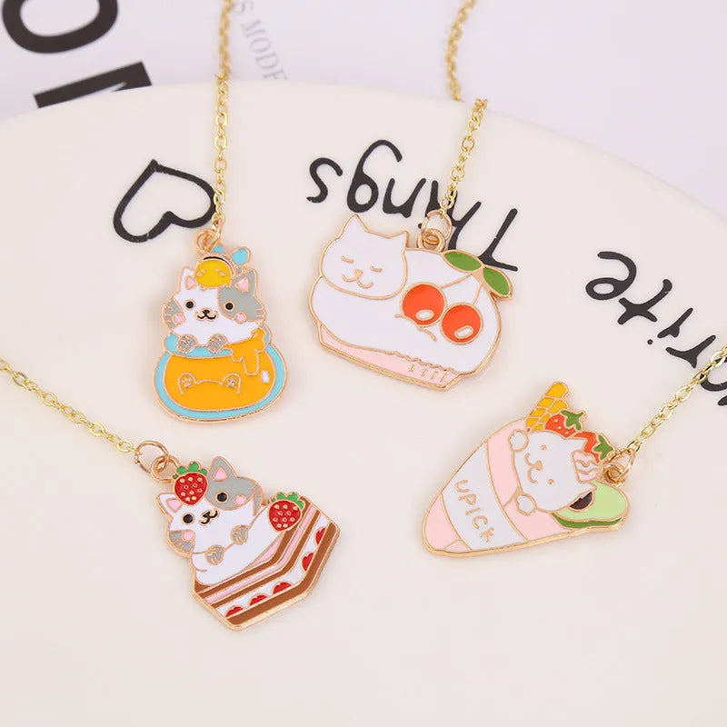 Metal bookmark pendant with a cartoon cat design, options include strawberry cake cat and sleeping cat styles.