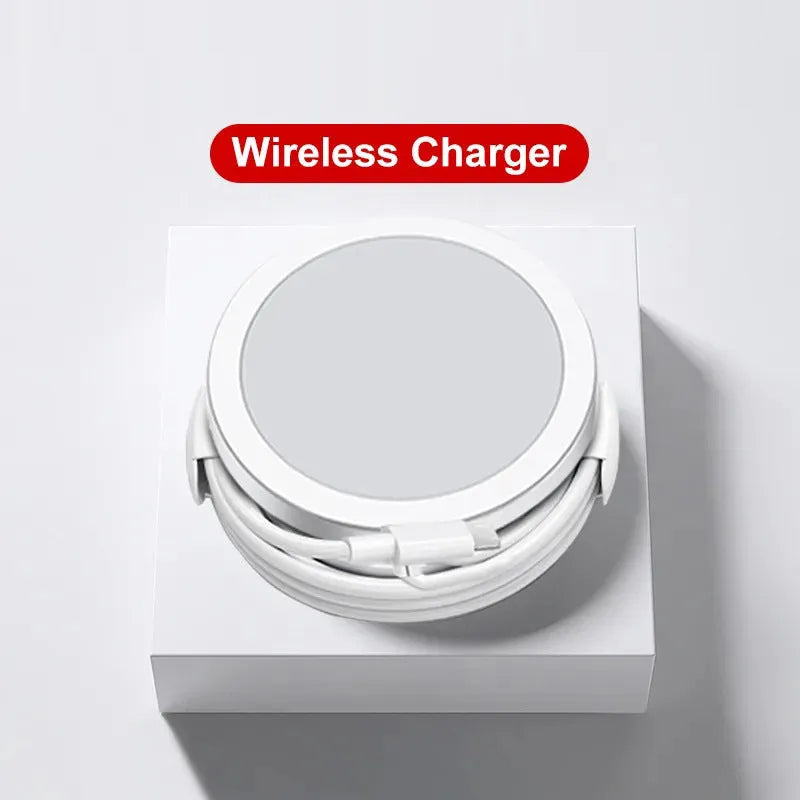 15W magnetic wireless charger with USB-C input, black finish, on a white desk, 84mm diameter disc with magnetic phone alignment
