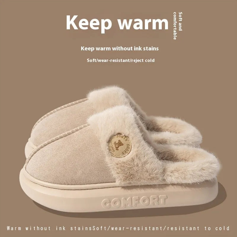 Plush fleece winter slippers with thick PVC sole in multiple colour options