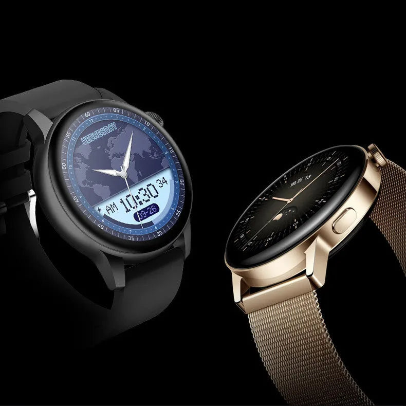 Square stainless steel smart watch with a colour touchscreen on a wrist, shown in black, pink, and silver colour options.