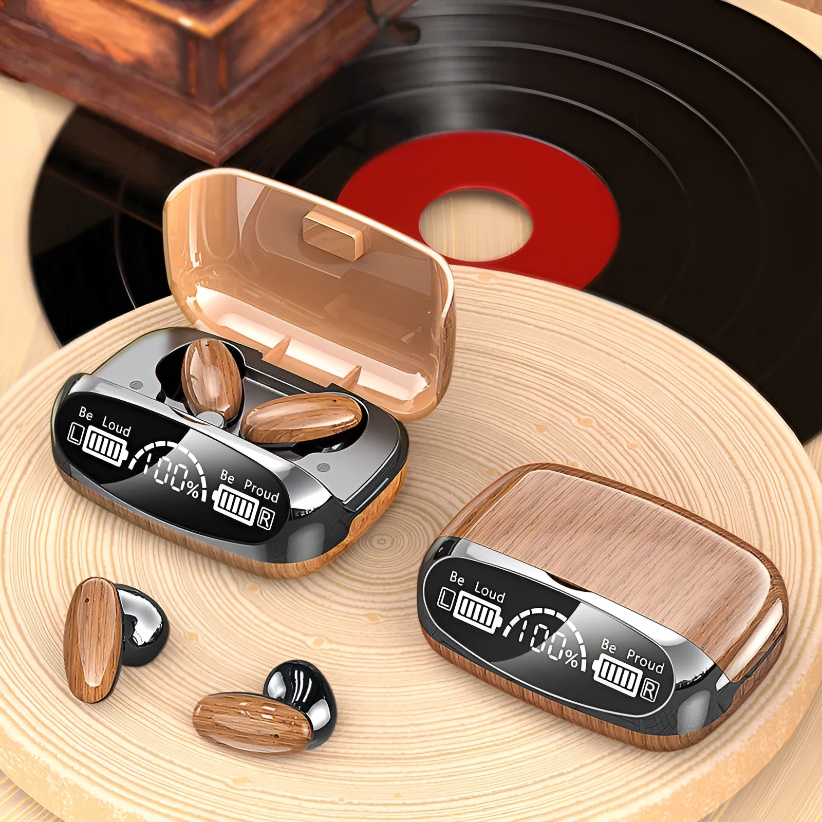 Wood grain M35 TWS Bluetooth headphones with charging case showing power display