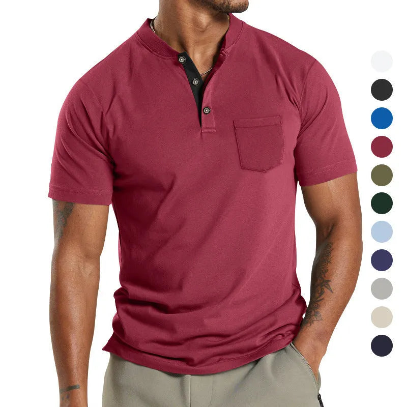 Plus size men's solid colour short sleeve polyester shirt with button chest pocket