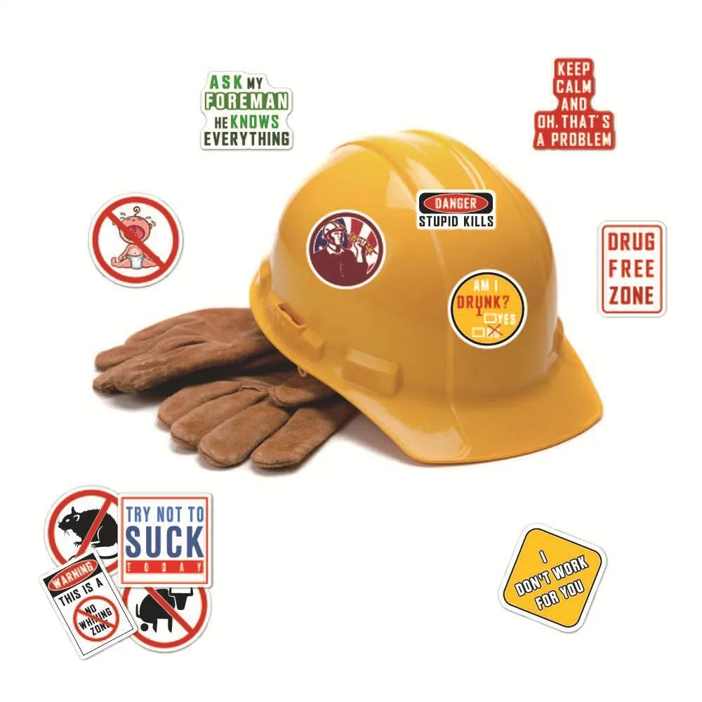 Pack of 50 bright PVC waterproof warning stickers for helmets and skateboards.