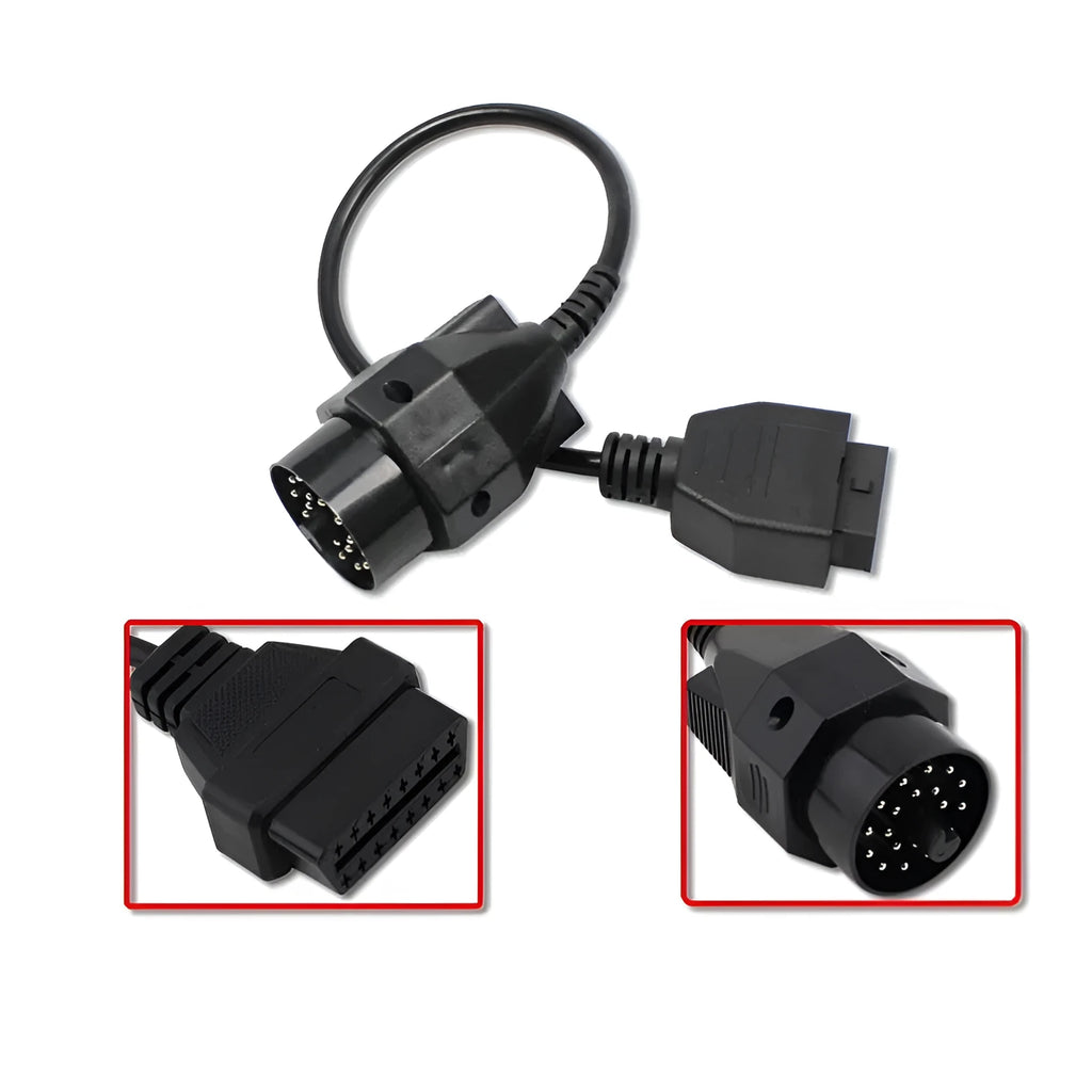 BMW OBD2 diagnostic adapter cable showing 20-pin male and 16-pin female connectors