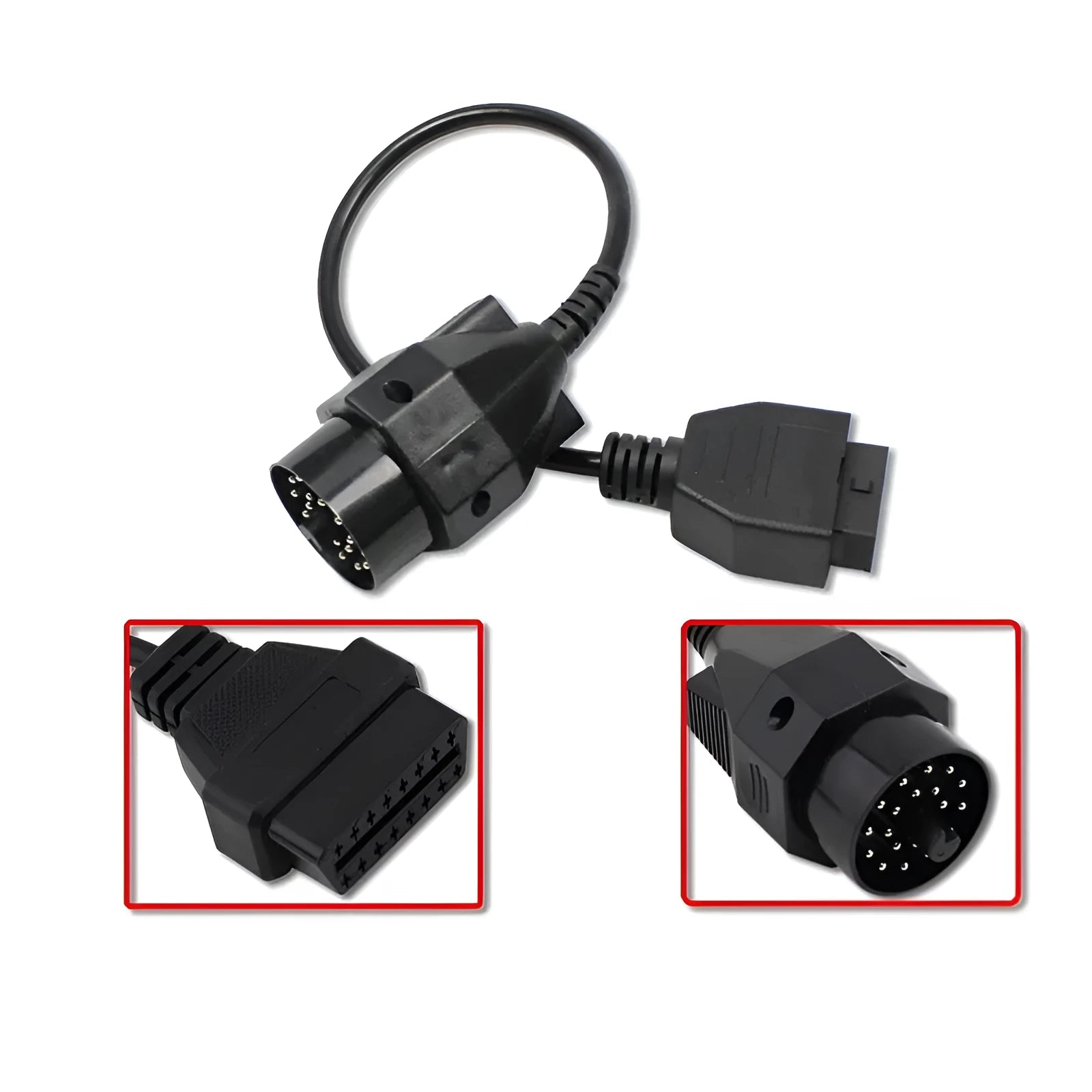 BMW OBD2 diagnostic adapter cable showing 20-pin male and 16-pin female connectors