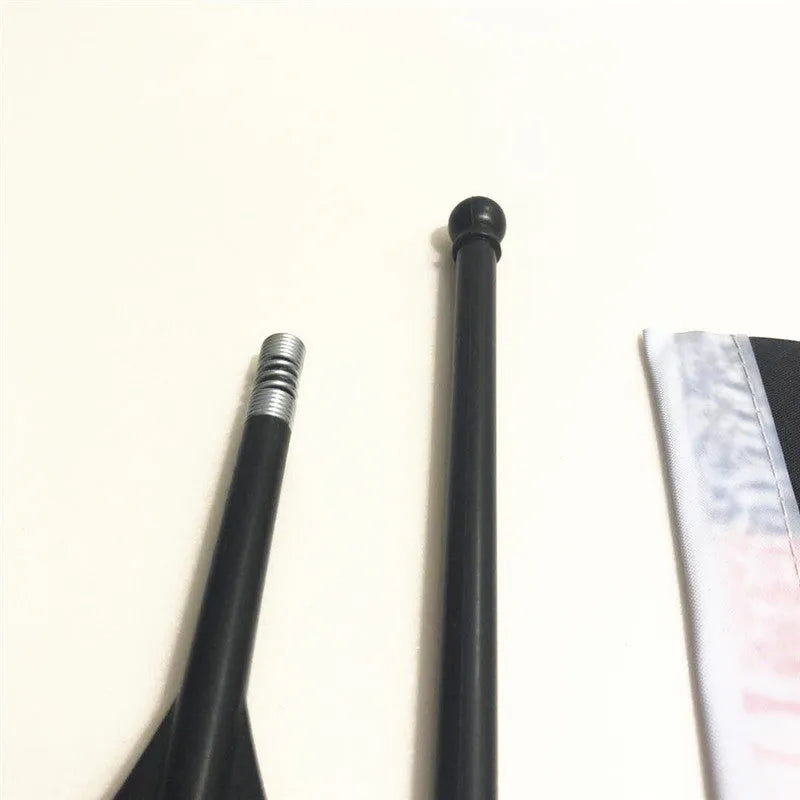 Square polyester car flag on plastic handlebar flagpole for bicycle mounting