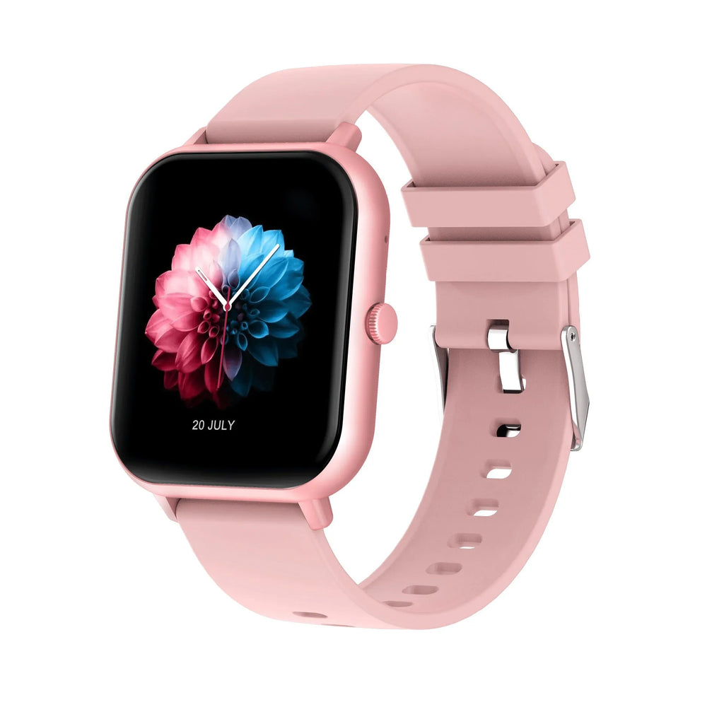 Bluetooth smart watch with AI voice control and heart rate monitoring display showing colour options