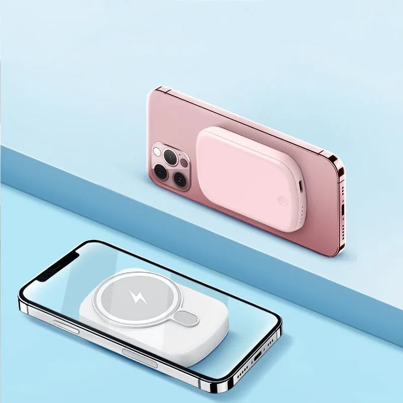 Magsafe magnetic wireless power bank in Barbie Pink, showing creative design and compact size.