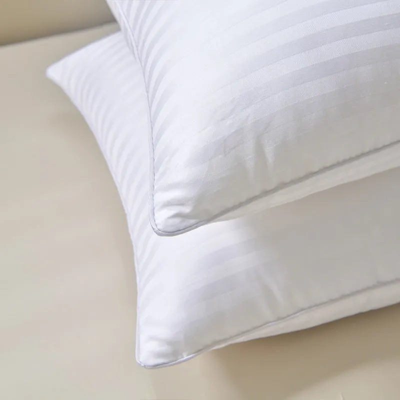 White cotton satin stripe pillow with feather cotton filling showing size options.