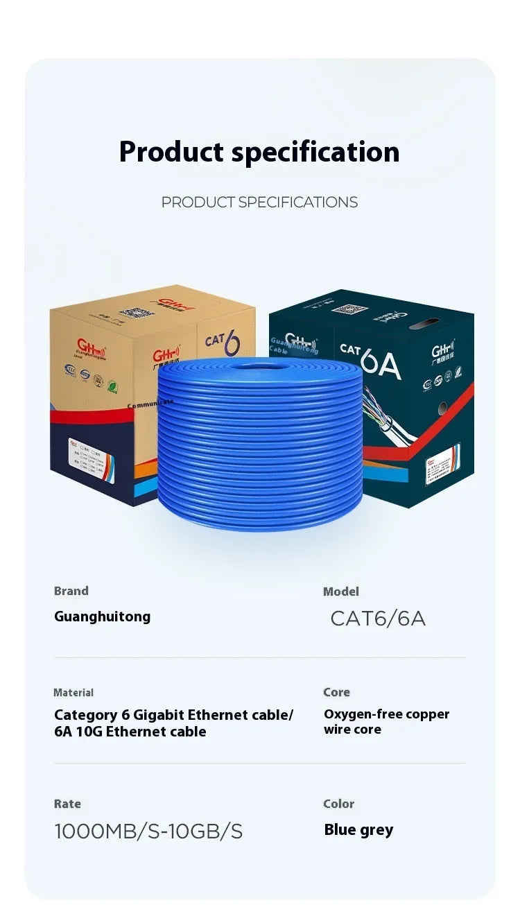 A 305-metre reel of blue Category 6 network cable with oxygen-free copper core, with cable end showing twisted pairs.