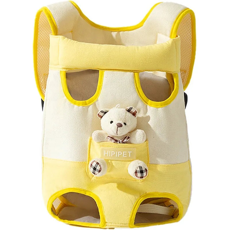 Canvas pet chest bag with animal pattern and colourful stitching in portable design for cat transport