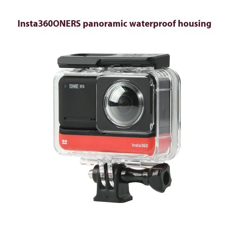 Transparent waterproof case for Insta360 One RS panoramic camera showing dimensions 9x8x4.5cm
