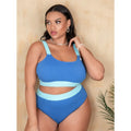 Women's solid colour polyester bikini swimsuit with high waist briefs and stitching detail