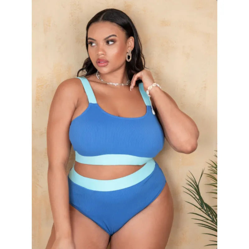 Women's solid colour polyester bikini swimsuit with high waist briefs and stitching detail