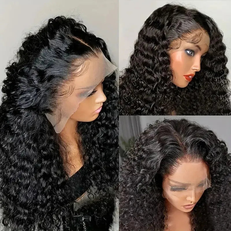 Fashion front lace synthetic wig with long curly hair and side bangs, available in multiple colours and sizes from 6 to 32 inches