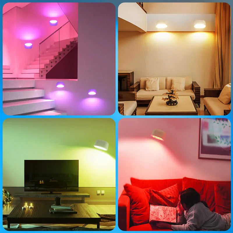 White plastic magnetic wall lamp with remote control showing 360-degree rotation and adhesive mounting