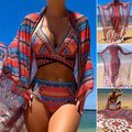 Cross-border Arrival women's three-piece swimsuit set showing high-waist bikini bottom, cutout blouse top, and coat.