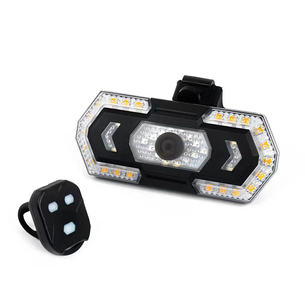 Black remote control USB charging waterproof LED taillight with wireless remote for bikes.