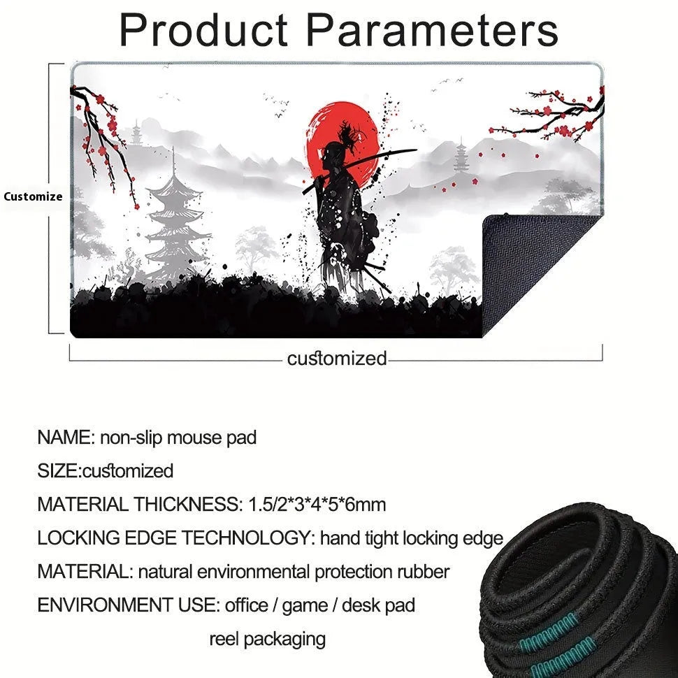 Cloth gaming mouse pad with Japanese samurai design, showing non-slip base and size options