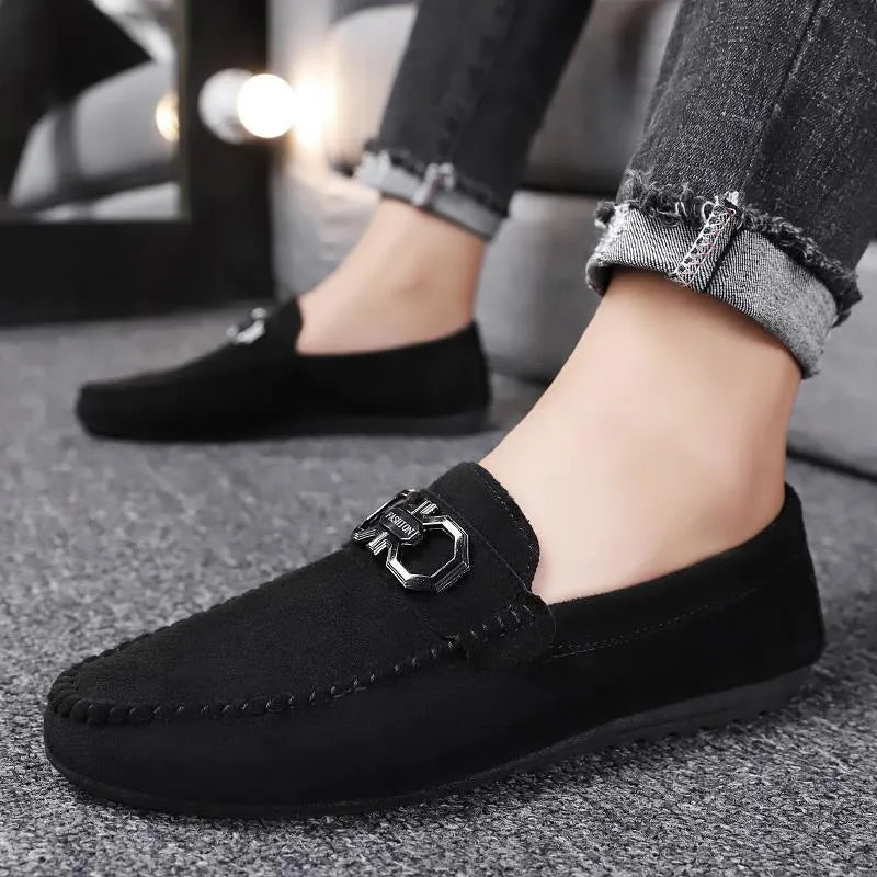 Men's black and grey casual summer shoes with cowhide suede uppers and rubber soles