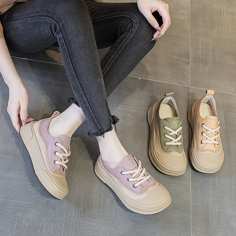 Women's leather platform sneakers in matcha green, orange, and purple colours showing round toe and lace-up design
