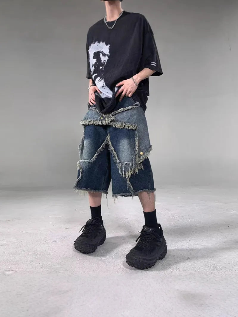 Men's blue denim shorts with five-pointed star embroidery and frayed hem in loose fit style
