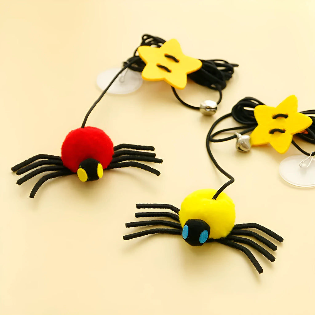 Red hanging door cat toy with elastic rope feather stick bell spider attachment