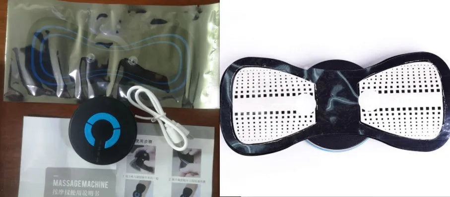 Mini electric shoulder and neck massager with massage patches in black packaging