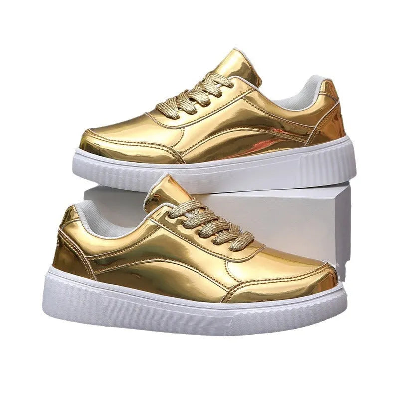 Sparkling gold sequinned platform sneakers with a round toe and thick MD sole.