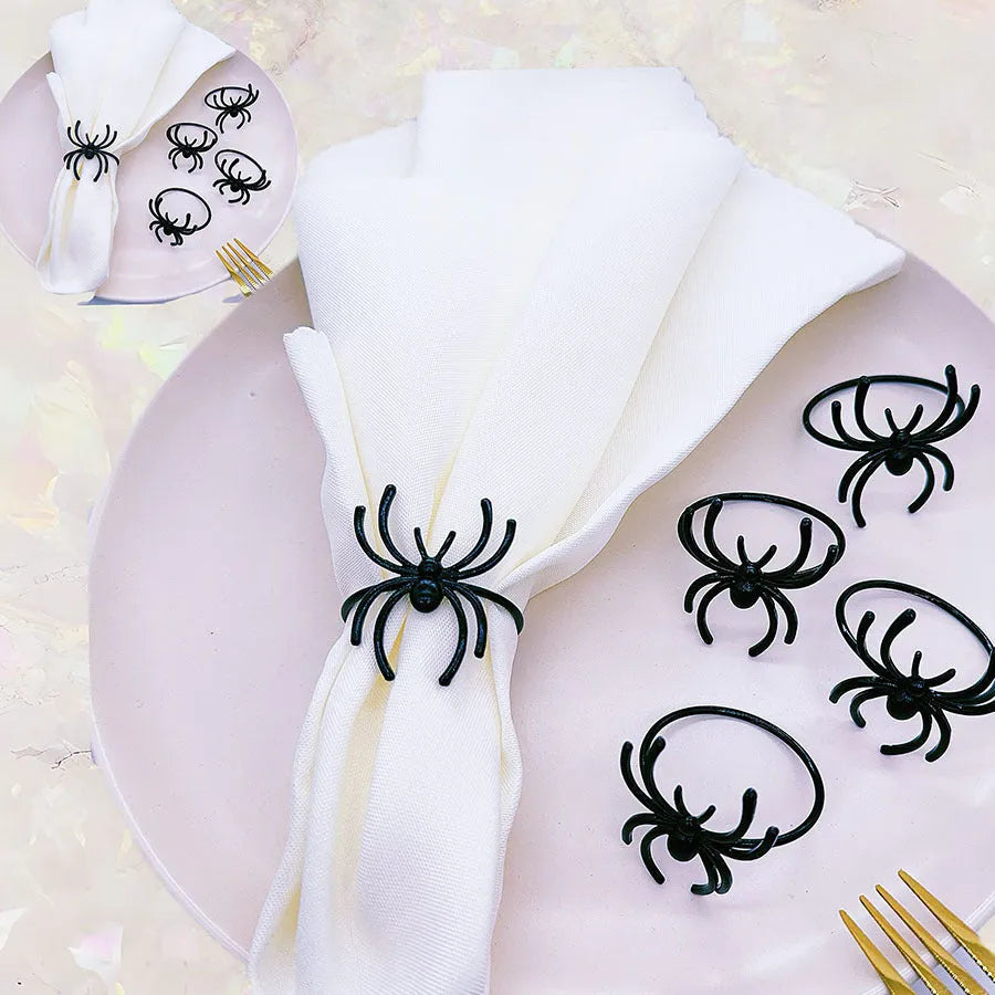 Six black spider Halloween napkin rings made from alloy metal with electrophoresis finish